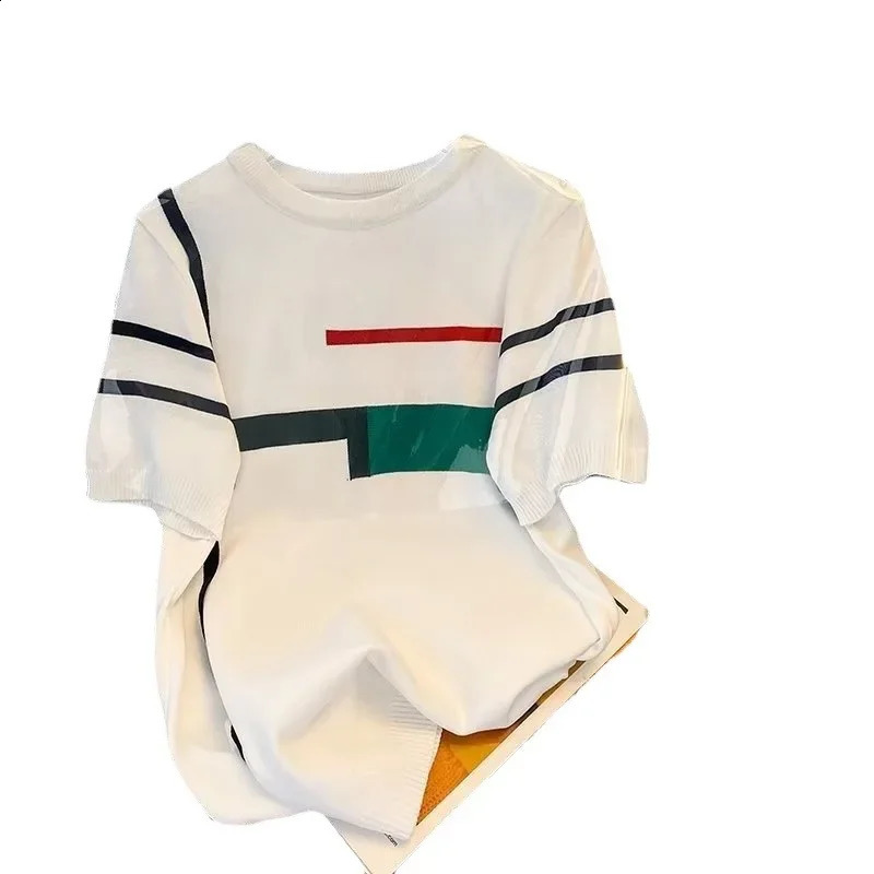 Mens Knit Short Sleeve TShirt Summer Thin Style Slim Fit Breathable Trendy Jacquard Striped Youth Wear Top 250108