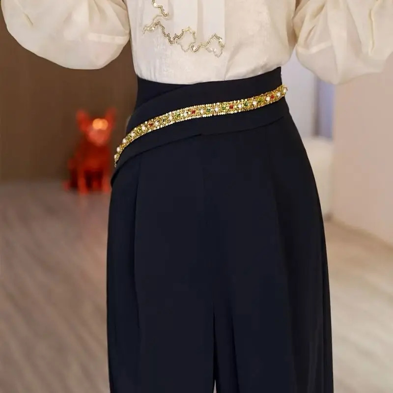 French Style Black Pants Women Autumn with Diamond Studded High Waisted Wide Leg Loose Straight Casual 250106