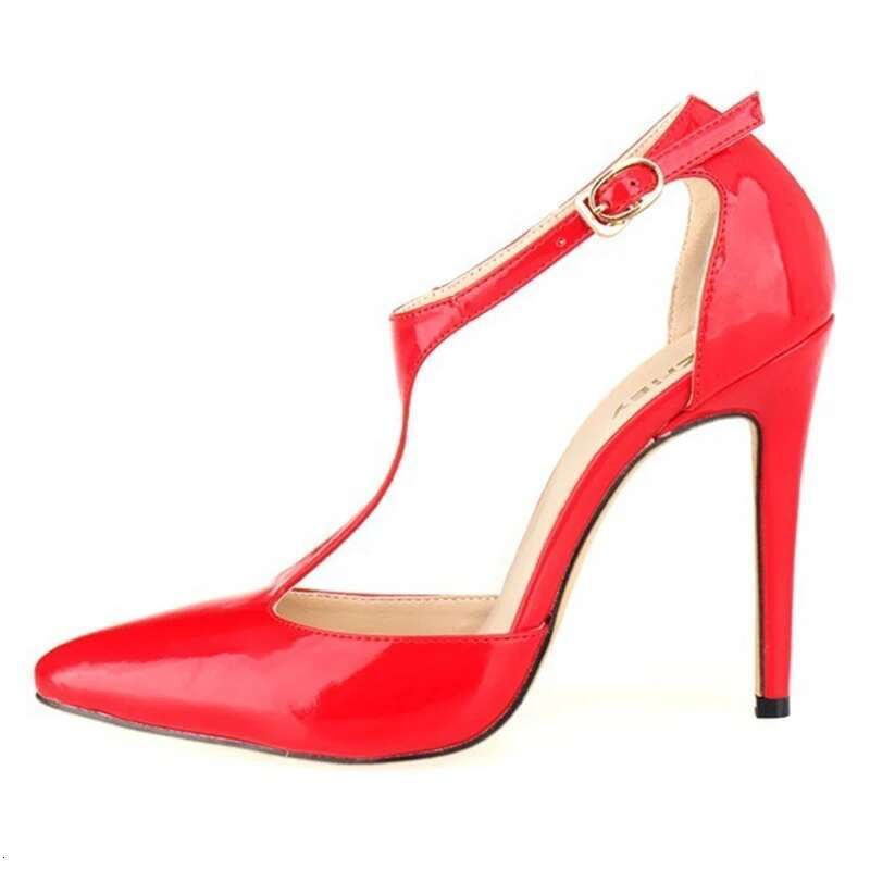 Women's Fashion Pointed Toe T-Strap Sandals Buckle Ankle Strap Patent Leather OL Casual High Heel Office Shoes Red Wedding Pumps