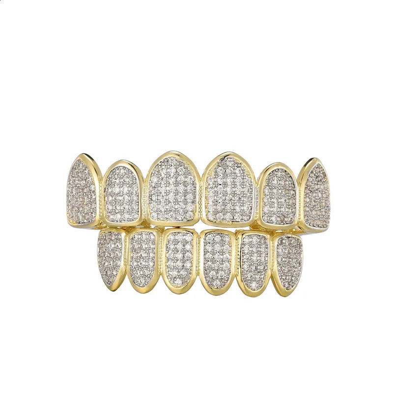 Hip Hop Full Iced Out Teeth Caps Bling Cubic Zircon Micro Pave Top Bottom Charm Grills Set For Men Women Jewelry 250107