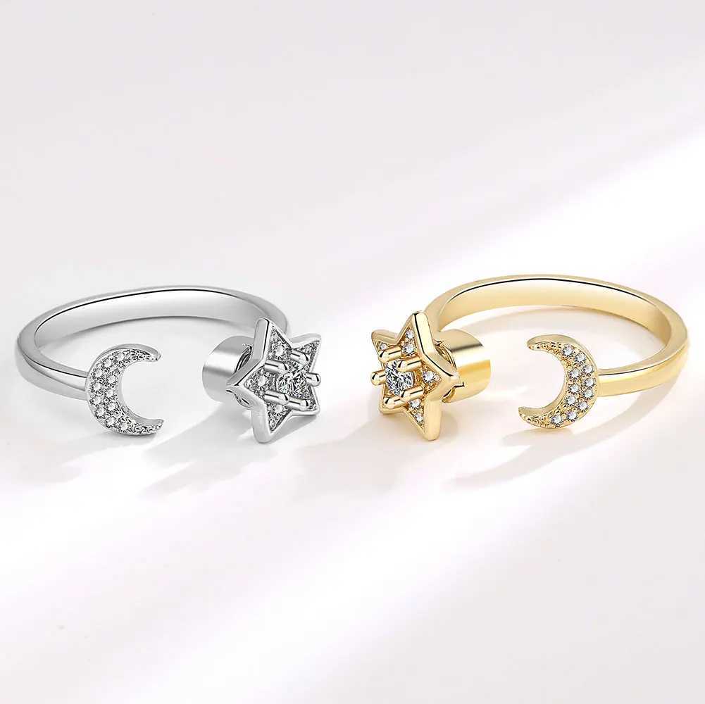 Ventilate 925 sterling silver moon and star zircon rotating ring womens gift diamond decompression ring jewelry wholesale W250111