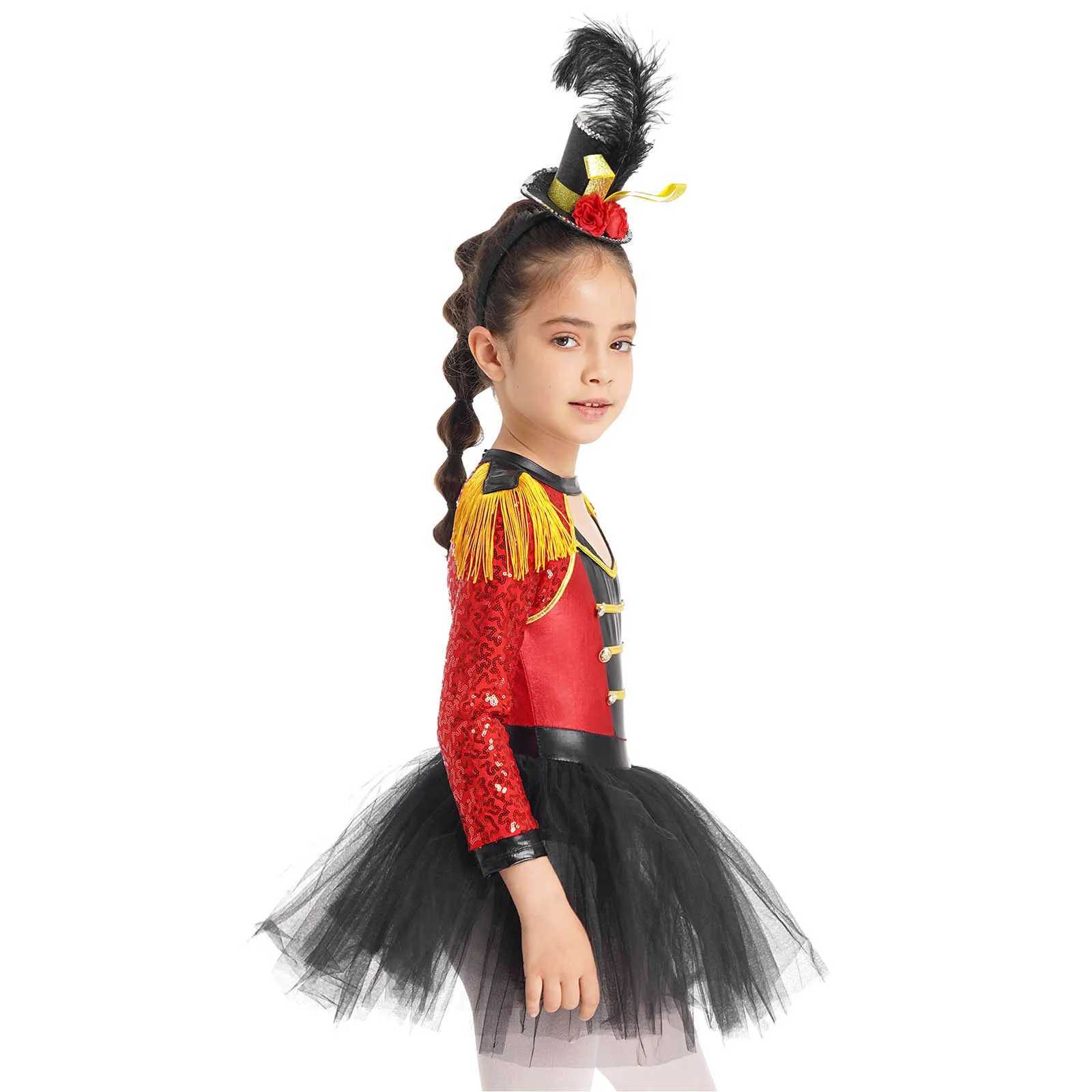 Childrens girl circus Ringmaster magic costume long sleeved sequined tight fitting Tutu dress Halloween lion taming theme Par role-playing set W250111