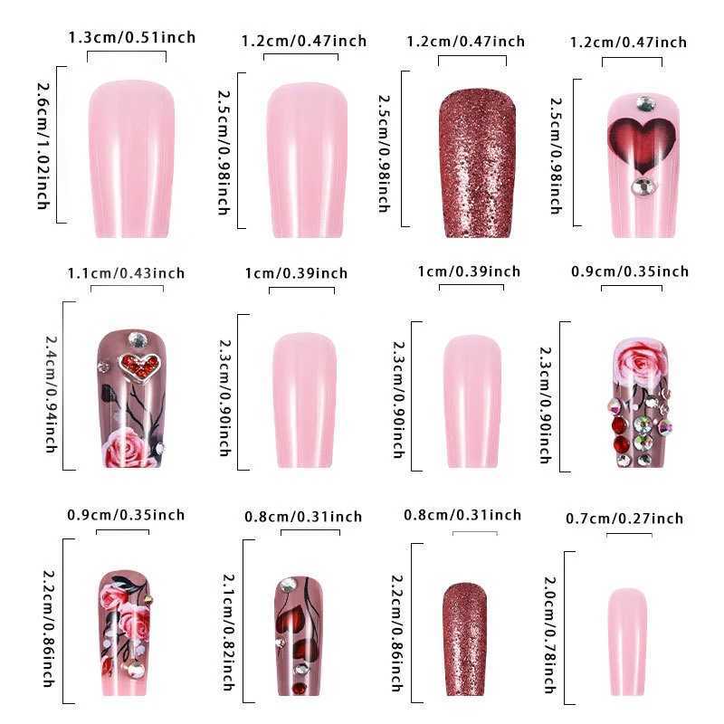24Pcs Love Rose Press on Nails Valentines Day Red Medium Ladder Flashing Fake Nail for Women Girl Detachable Wearable NailXJ250110