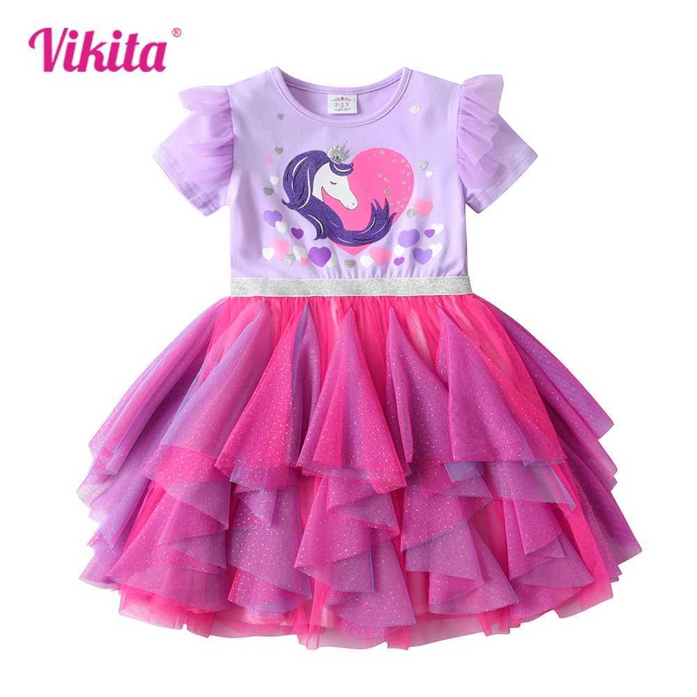 VIKITA girls heart-shaped design dress childrens short sleeved summer dress childrens mesh chiffon layered cake irregular Tutu dress W250111