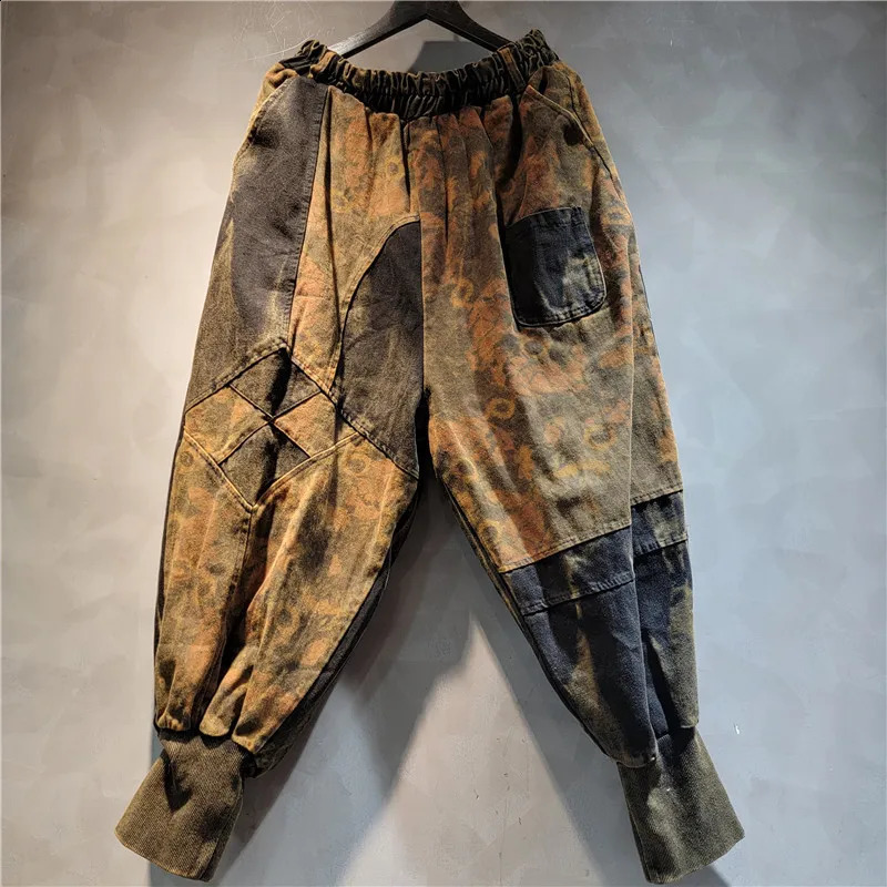 YEAE womens personality trendy cool old print splicing denim hooded vest Harlan pants two-piece fashion suit 250109