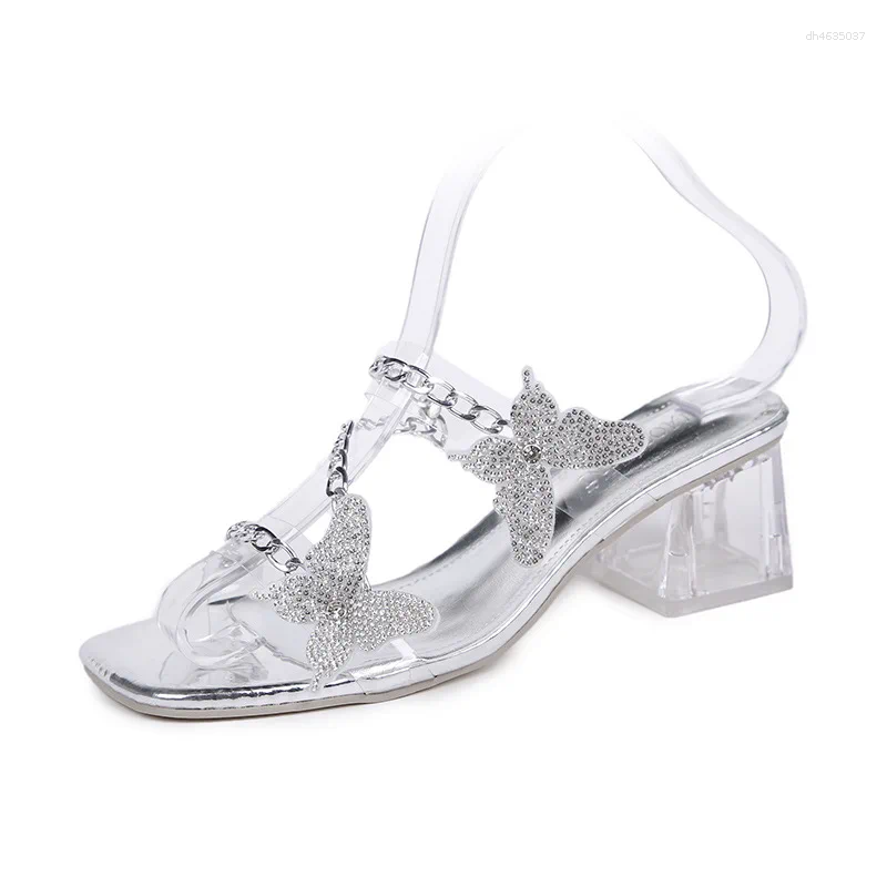 Sandals High Heels Women's Summer Chain Butterfly Outer Wear Versatile Rhie Crystal Heel Slippers QS-KKM-030 zhanyishengli