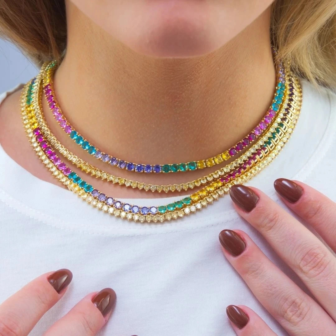High Quality Rainbow Full 4mm Cz Paved Tennis Chain Choker Necklaces For Women Charm Gold Color Hip Hop Fashion Wedding Jewelry 250107