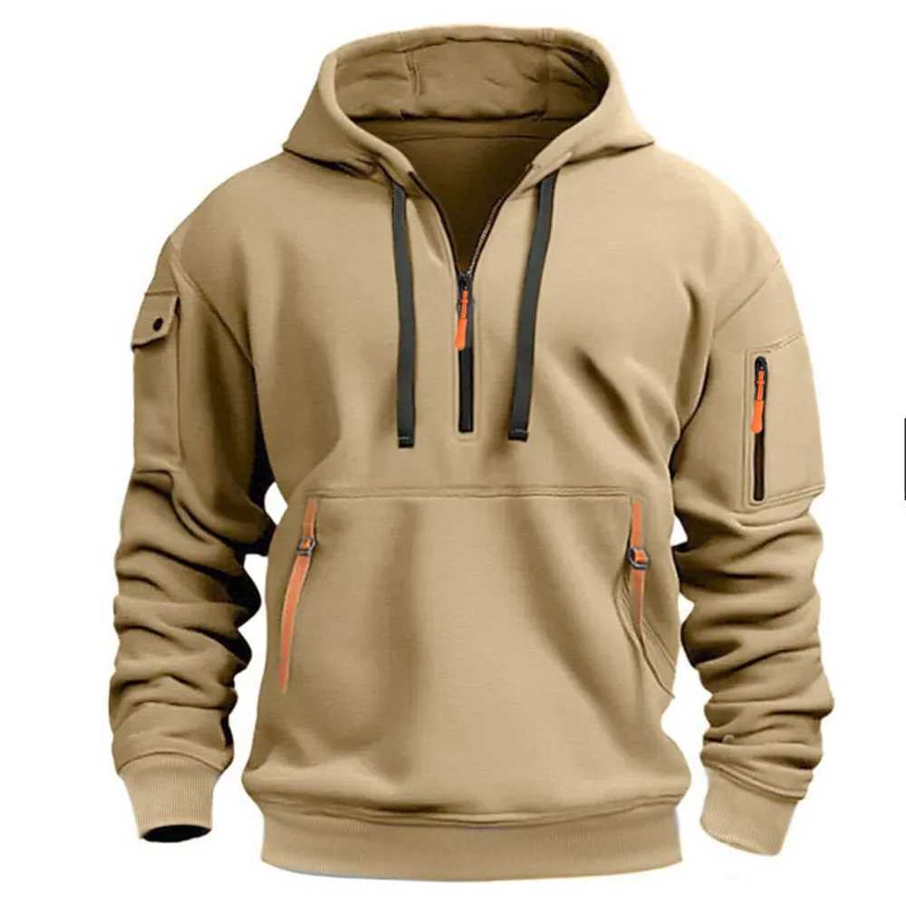 Autumn and Winter Mens Casual Sports Multi Zipper Pocket Sweater Pullover Hoodie Street Clothing Thin Wool Contrast Color W250110