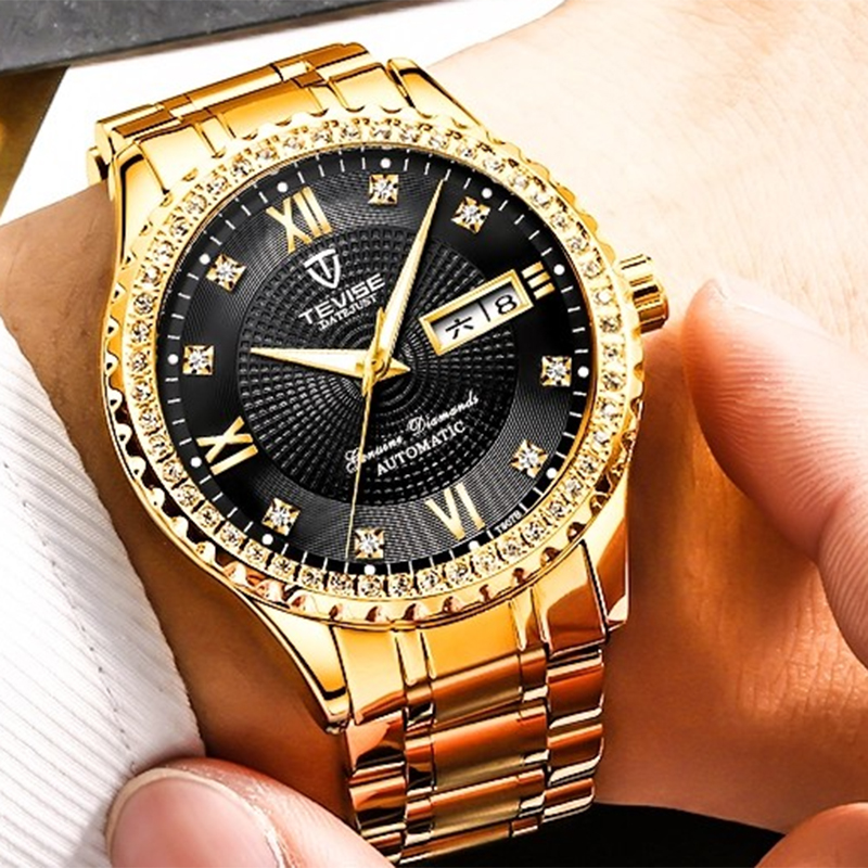 TEVISE Automatic Quartz Watch Designer Diamond-encrusted Waterproof Watch with Day and Date Display for Both Men and Women WristWatch T049-T807B
