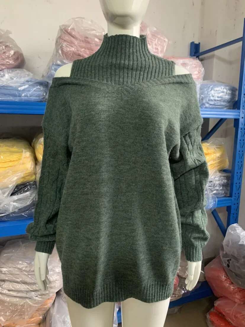 Mandylandy Off Shoulder Sweaters Semi-Turtleneck Jumpers Pullovers Loose Large Long Sleeve Knitted Sweater For Women