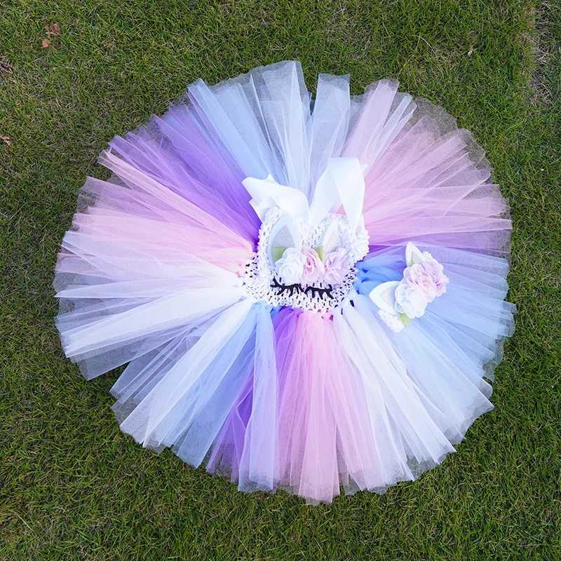 Girl Pastel Flower Tutu Dress Baby Crochet Fluffy Tulle Tutu with Headband Childrens Birthday Par Costume Role Playing Dress W250111