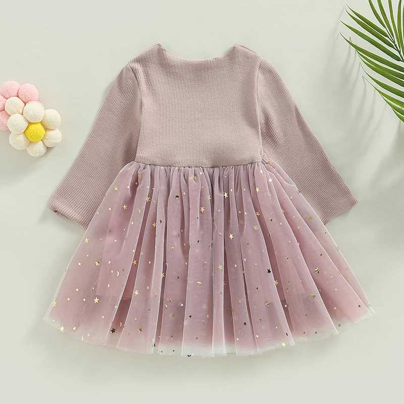 Girl sequin star moon pattern layered chiffon Tutu dress crew collar long sleeved autumn princess childrens casual dress W250111