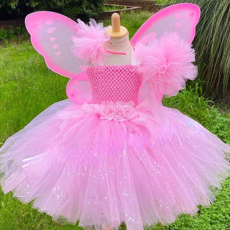 Girl Pink Fairy Dress Childrens Sparkling Picture Flower Dress with Wings and Stick Hair Childrens Birthday Halloween Par Costume W250111