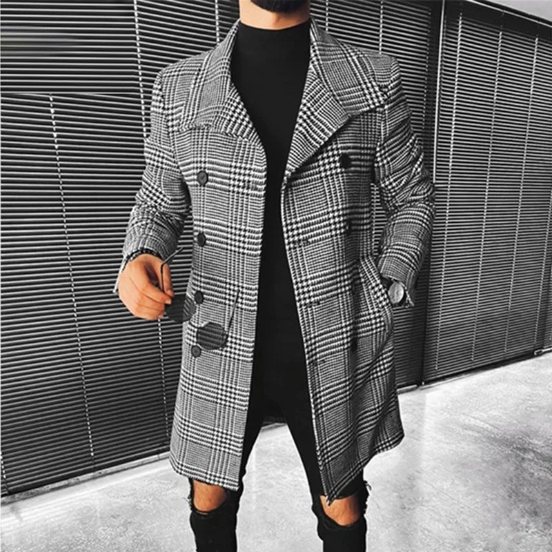 Trend Men Coat Autumn Winter Plaid Double Breasted Lapel Midlong Chic Wool Blends 250106
