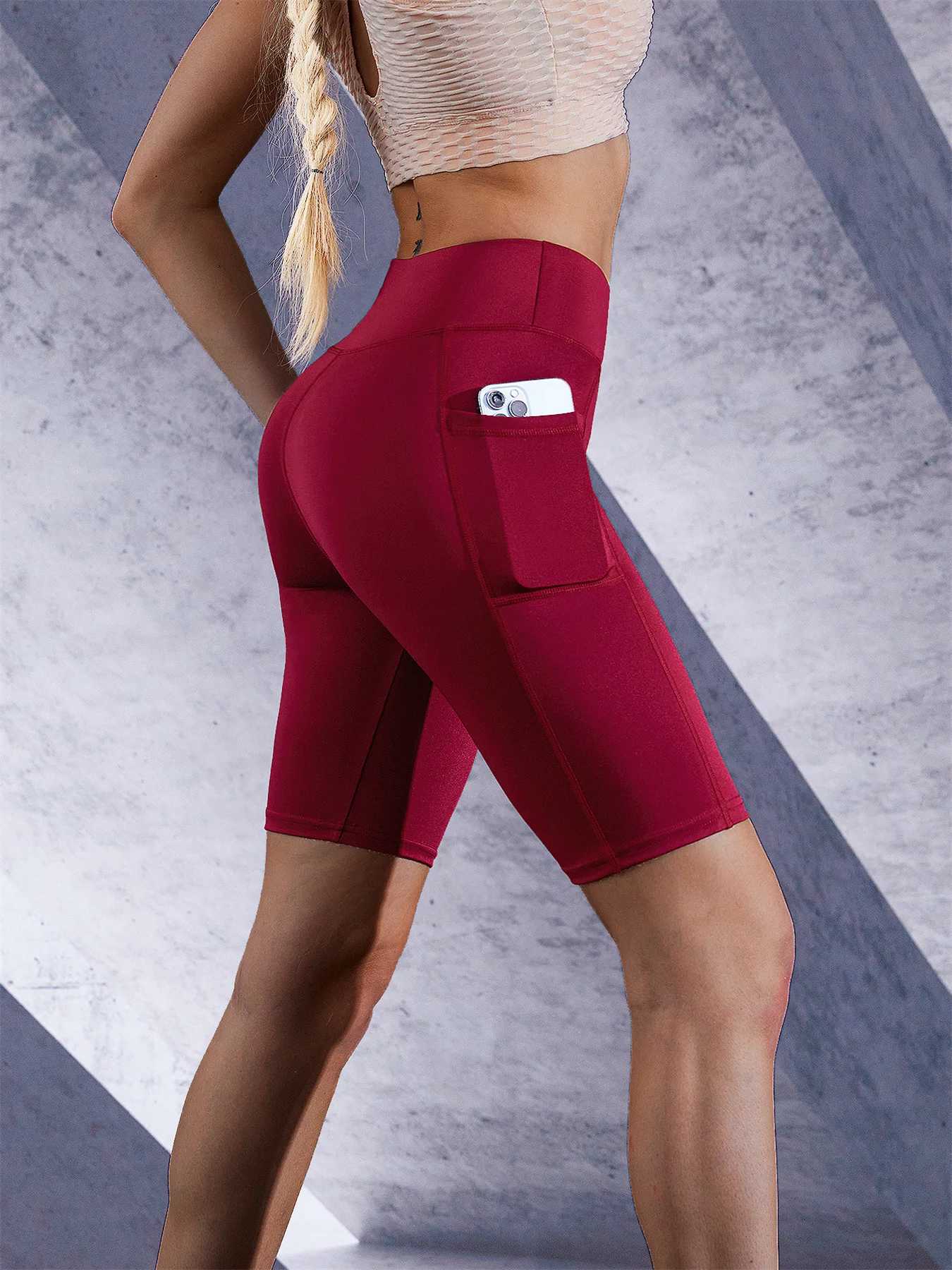 Women Solid Color Yoga Shorts Jogging Running Cycling Fitness Sportswear High-waist with Side Pockets Sporty ShortsXJ250111