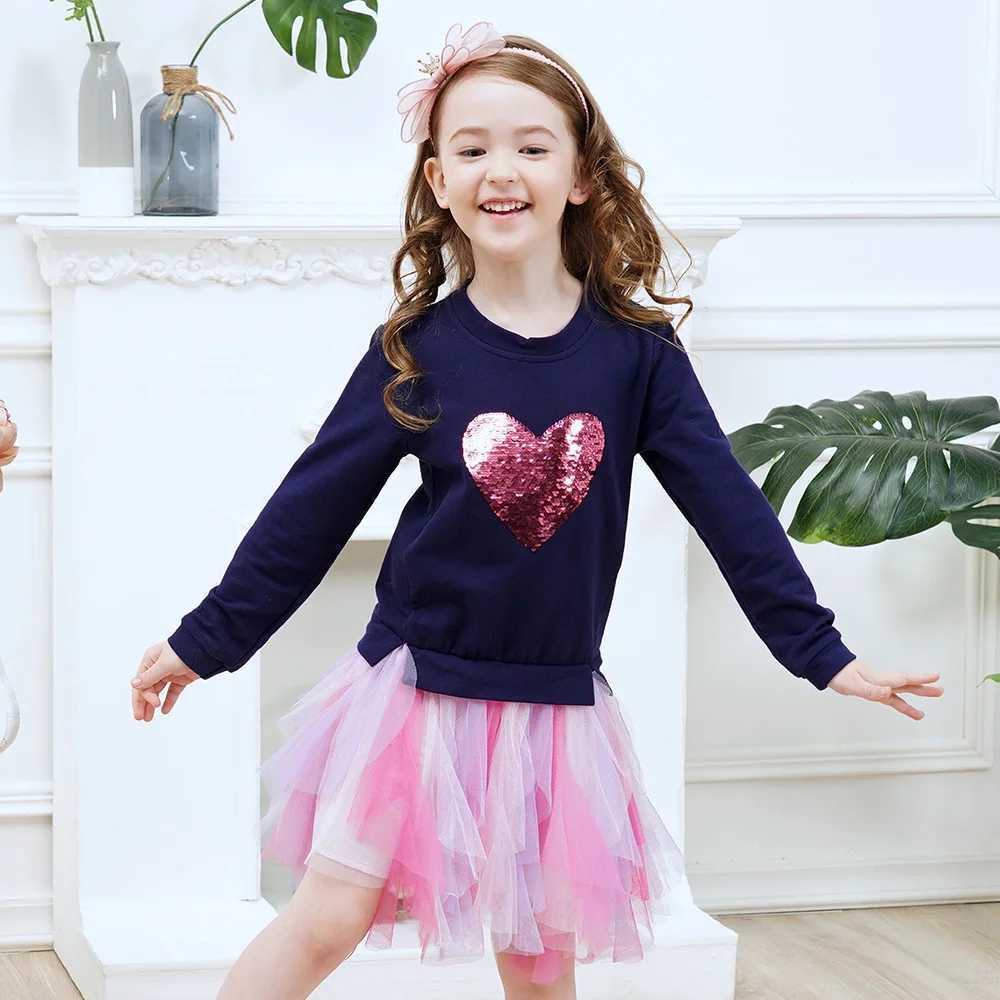 VIKITA girls sweater childrens heart-shaped Flipable sequin application patch work clothes girls chiffon mesh layered Tutu dress W250111