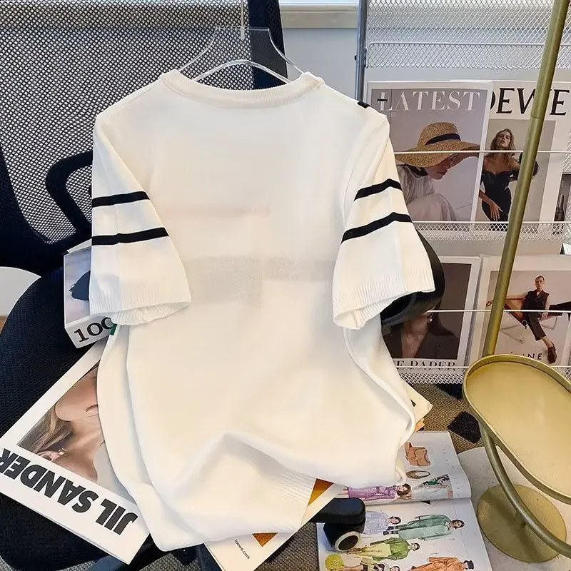 Mens Knit Short Sleeve TShirt Summer Thin Style Slim Fit Breathable Trendy Jacquard Striped Youth Wear Top 250108