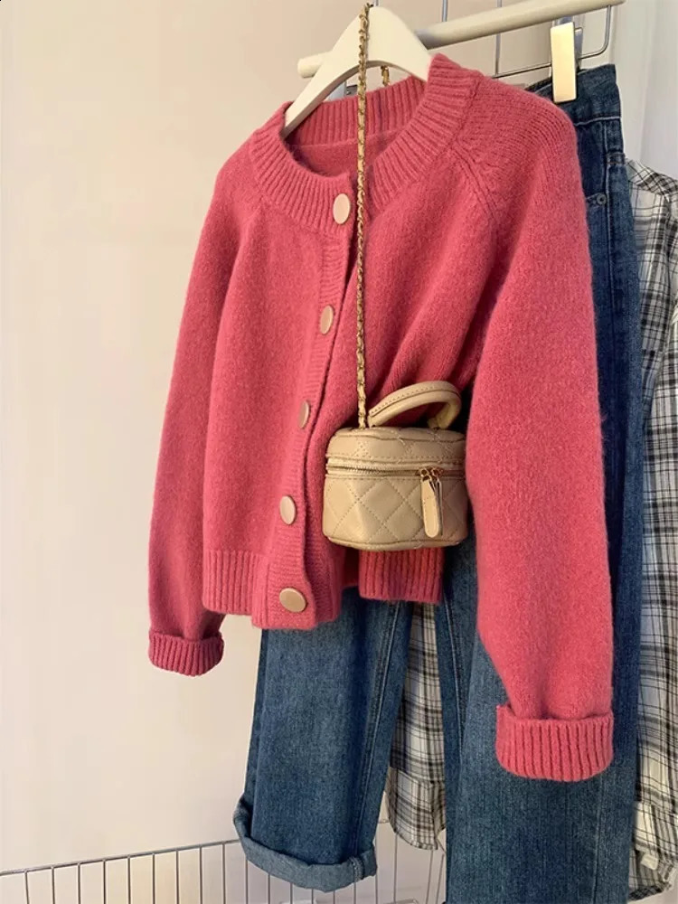 Retro Green Knitted Cardigan Autumn Womens Round Neck Single Breasted Jacket Casual Versatile Warm Ladies Coat Trend 250106