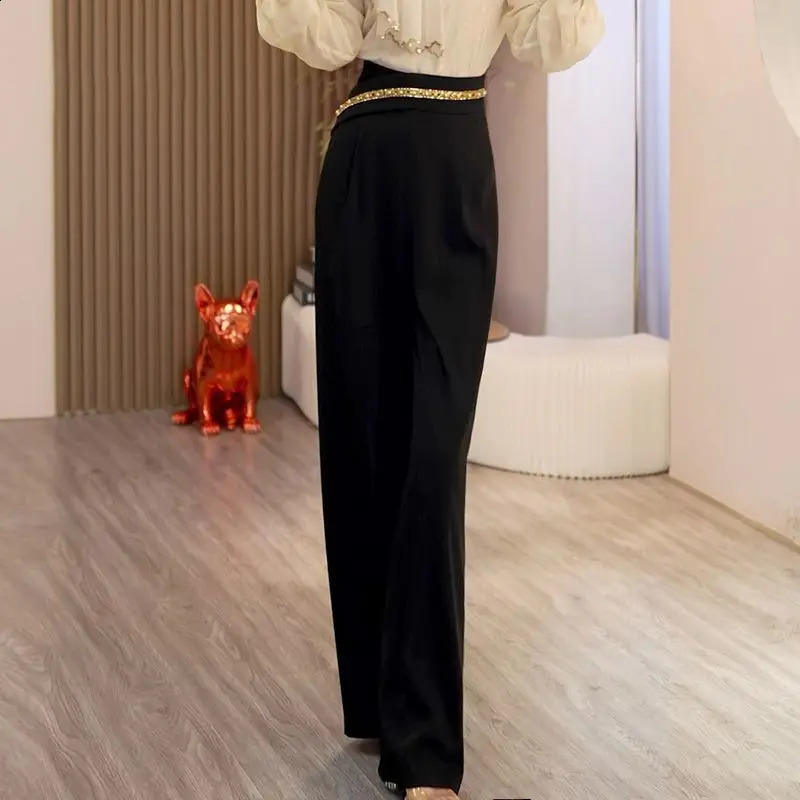 French Style Black Pants Women Autumn with Diamond Studded High Waisted Wide Leg Loose Straight Casual 250106