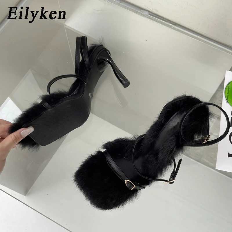 New Arrival Eilyken New Plush Fur Fuzzy Sandals for Women Thin High Heels Fashion Square Laces Lace Buckles Slippers T250110