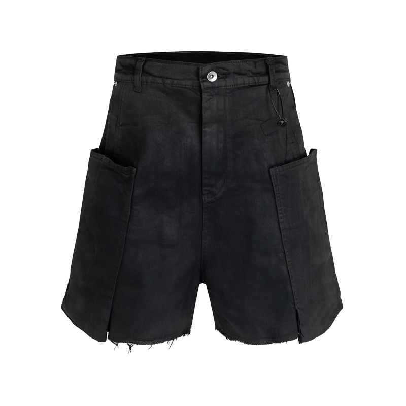 Streetwear New Summer Brush Wax Coated Denim Shorts Mens Vintage Black Frayed Baggy Jeans Oversized Loose Shorts