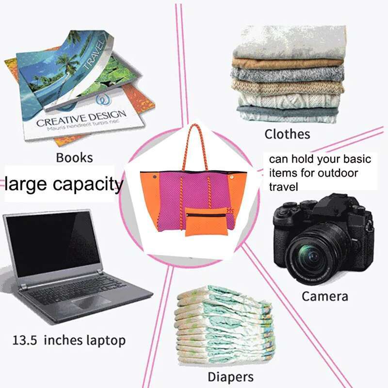 Women's Neoprene Cloth Tote Travel Shoulder Bags Large-Capacity Waterproof Multipurpose Beach Bag With Bottom Board