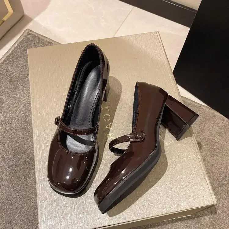 Comemore Summer New Patent Leather Brown Shoes Vintage Thick High Heels Shoes Women Woman Square Toe Chunky Heels 2025 black W250910