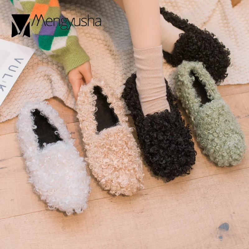 Woman woolen fur flats warm plush shoes women candy color fur loafers ballerina furry moccasins cozy lambswool flats 250106