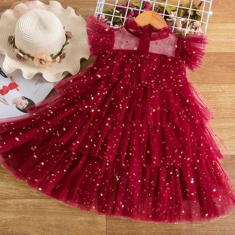 New girls red Christmas dress with sequins star princess dress childrens mesh Tutu cake dress 3-8-year-old girls Christmas birthday Par costume W25011