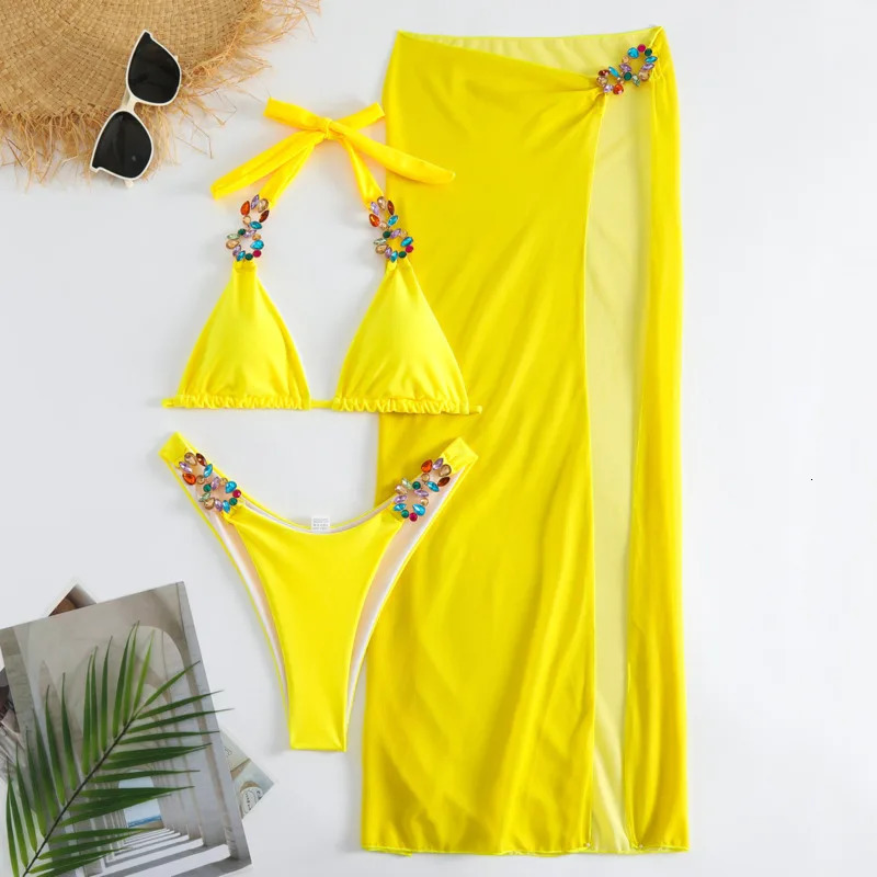 Yellow sexy rhinestone bikini 2025 womens swimsuit womens swimsuit Brazilian bikini set beachwear 250110