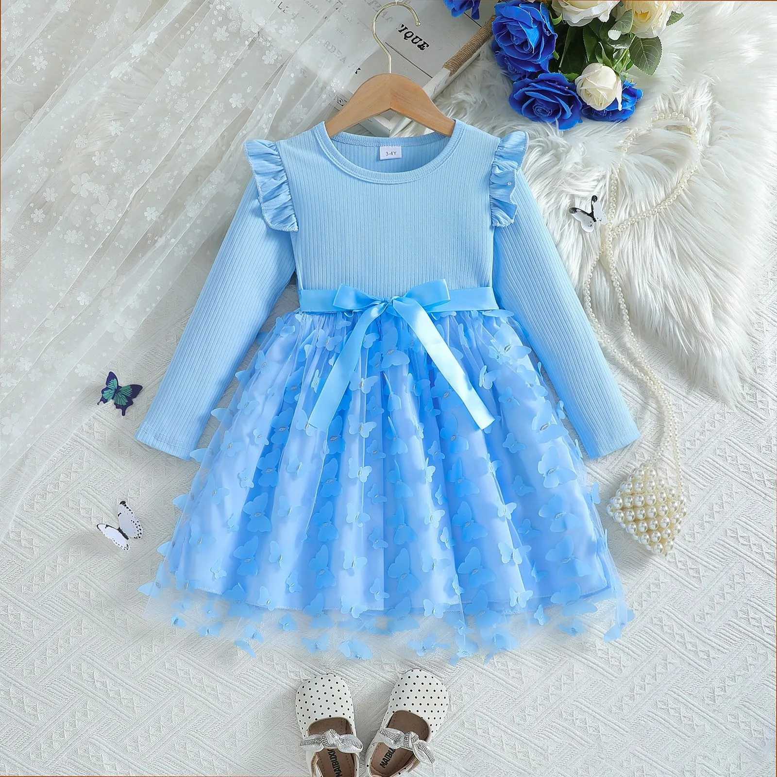 Girl dress blue pink autumn princess dress childrens clothing birthday Par dress black long sleeved childrens fashion 1-6Y W250111