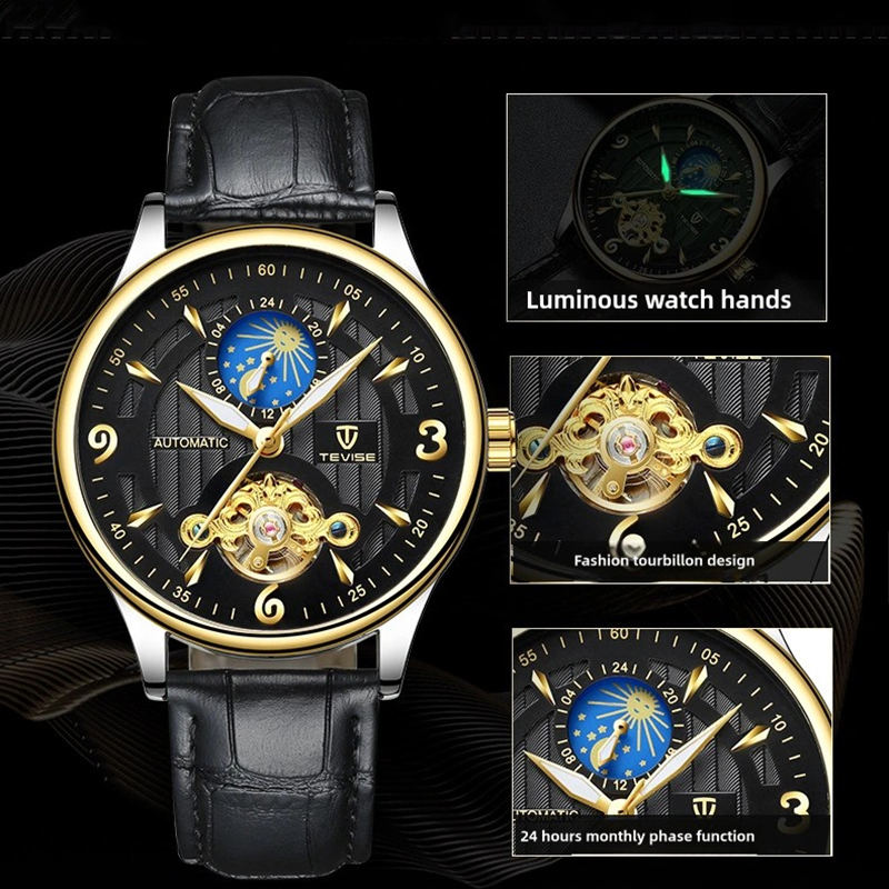 TEVISE Designer Watch Automatic Mechanical Watch Hollowed out Mens Watch with Moon Phase Tourbillon Casual Stainless Steel Strap Waterproof Function T