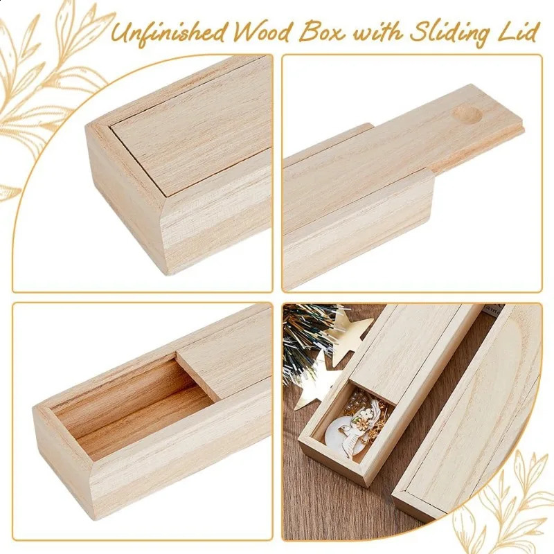 6Pcs Wood Box With Sliding Lid Small Wood Case Pen Box Rectangle Wooden Jewelry Box DIY Storage Chest Pencil Box for Christmas 250106