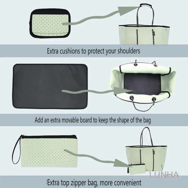 Women's Neoprene Tote Large Capacity Beach Sports Fiess Zipper Bag Summer Travel Handbag Shoulder Bags Waterproof