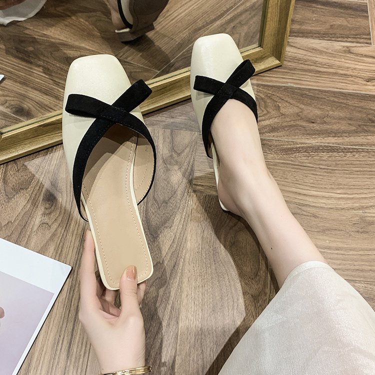 Women Slippers Flat Bottom New Fashion Bow Design Korean Version Outdoor Wear Square Toe Triple Beige Apricot Free shipping