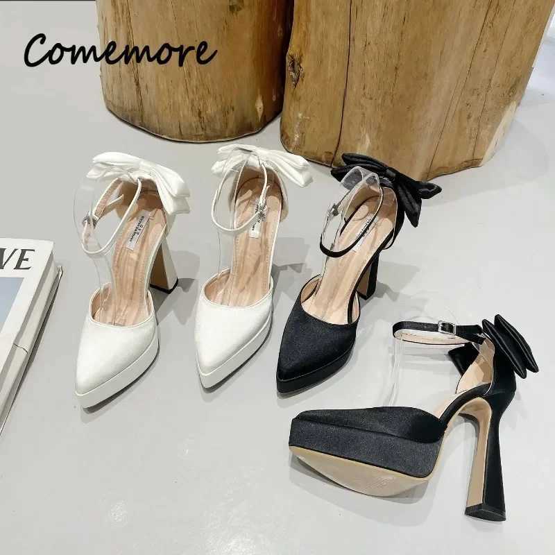 New Arrival Comemore Summer New Fashion Satin Pump High Heels Sandals Bow Buckle Corner Toe Thick High Heels Womens Shoes High Heels T250110