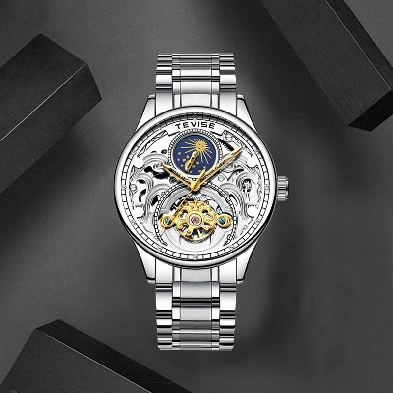 TEVISE Automatic Mechanical Watch Hollowed out Mens Watch with Moon Phase Tourbillon Casual Stainless Steel Strap and Waterproof Function T051-T820A s