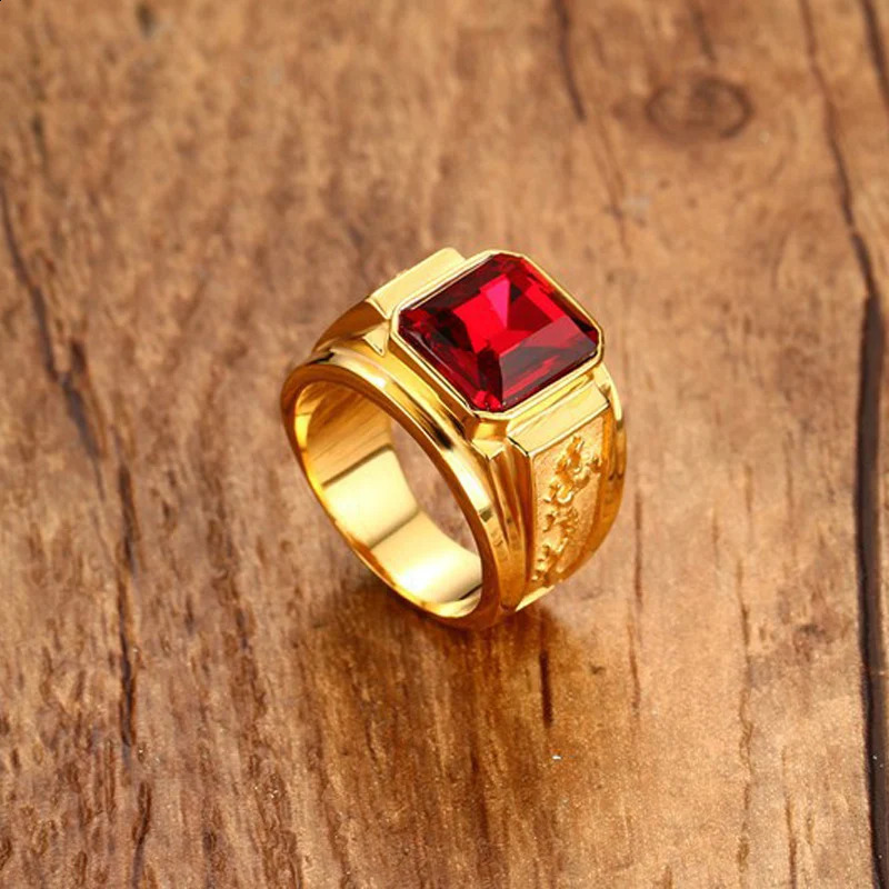 Classic Big Red/Blue Rhinestone Stone Rings For Men Jewelry Gold Color Stainless Steel Party Male Bands 250110