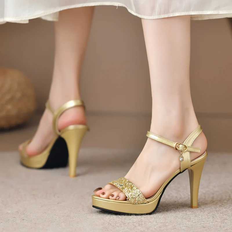 New Arrival Gold silver and sparkling womens high heels for summer with a platform pump and foot strap. Womens sexy slim high-heeled party shoes T2501