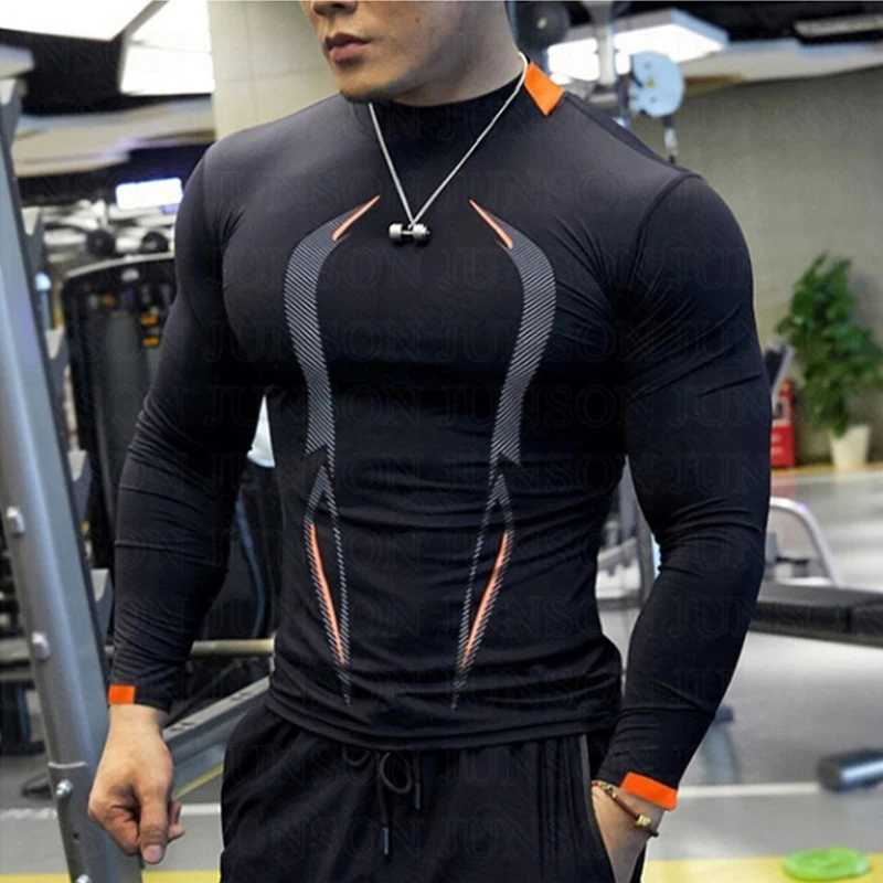 Mens compression sports fitness T-shirt long sleeved sports fitness shirt quick drying running T-shirt bodybuilding T-shirt W250111