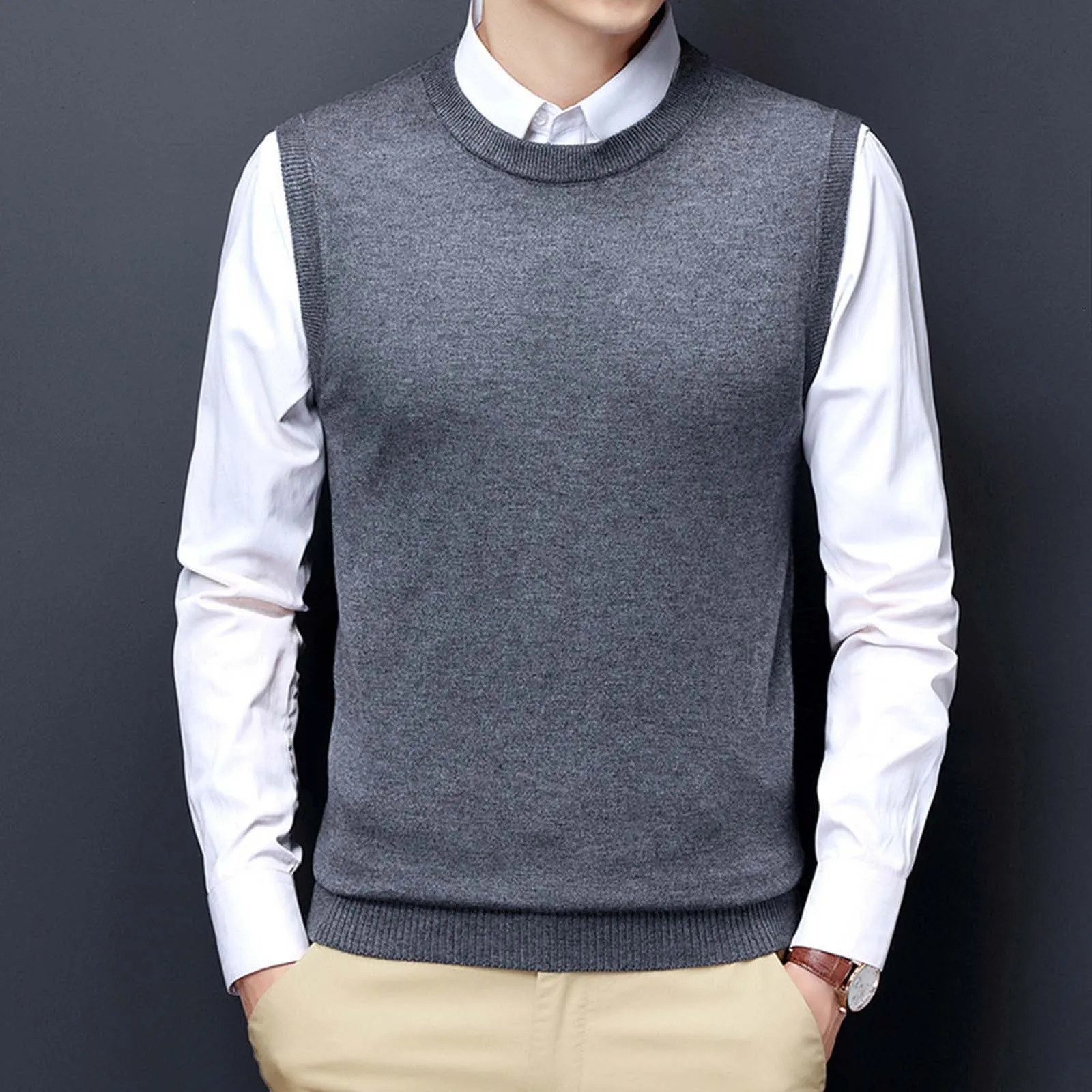 Men Sweater Vest Korean Round Neck Business Casual Fitted Version Black Light Grey Sleeveless Knitted Top Male AllMatch 250107