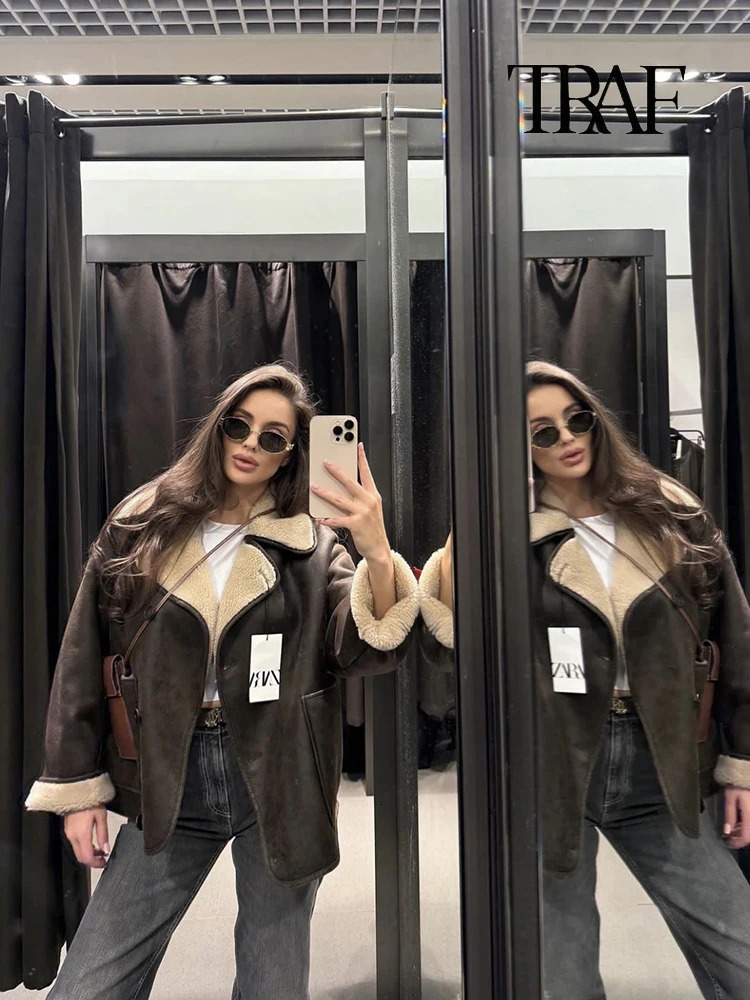 TRAF Womens Fashion Retro Lapel Single Breasted Jacket Khaki Faux Leather Warm Thickened Fluffy Coat 250103