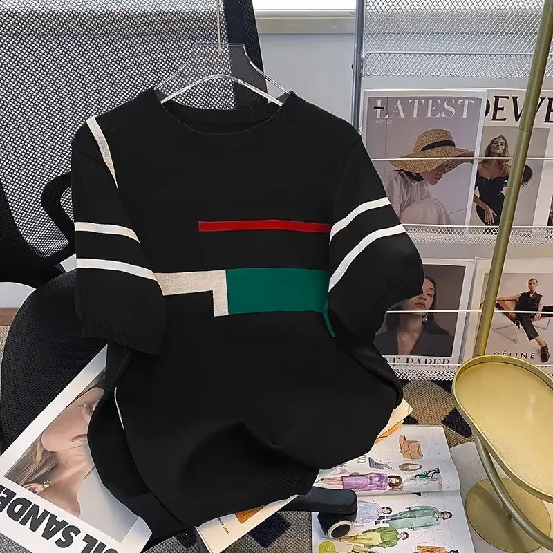 Mens Knit Short Sleeve TShirt Summer Thin Style Slim Fit Breathable Trendy Jacquard Striped Youth Wear Top 250108