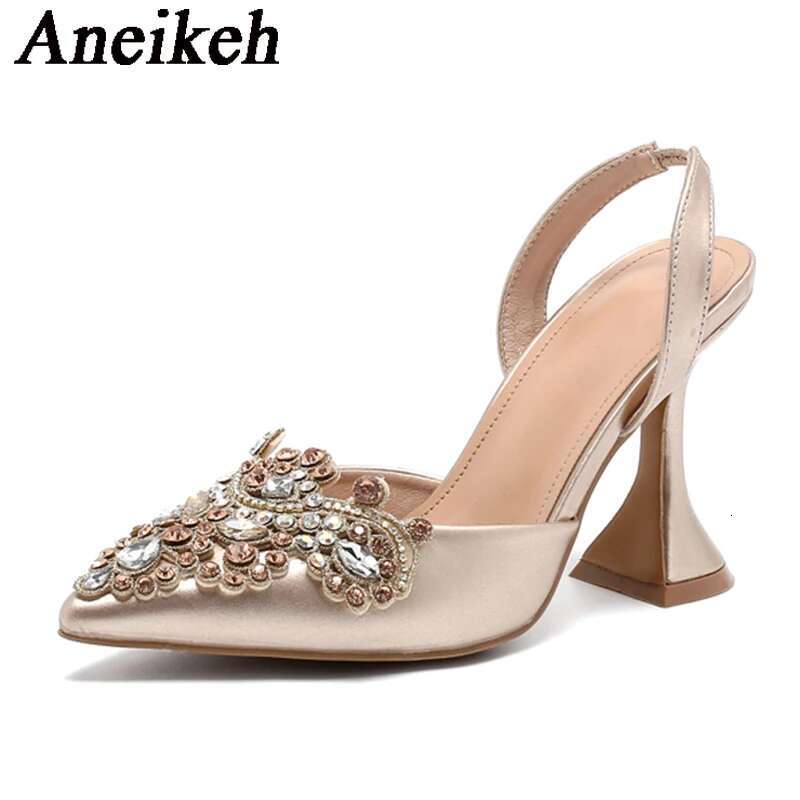 Aneikeh Strange Style Pointed Toe High Heels Mules Sandals Summer Fashion Crystal Rhie Party Wedding Banquet Shoes Pumps