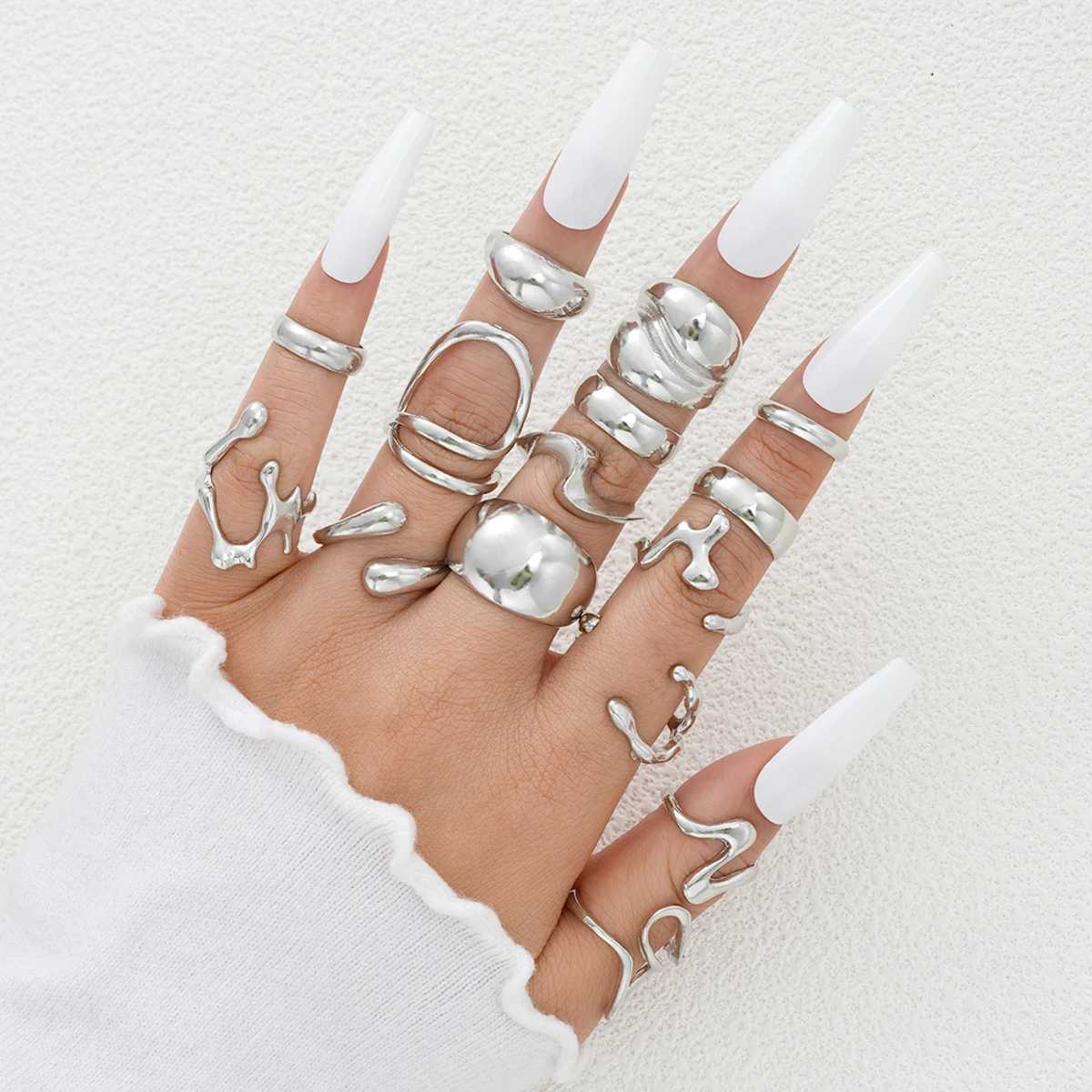 15Pcs Punk Smooth Geometric Open Rings Set For Women Exaggerated Irregular Silver Color Thick Chunky Ring Hip Hop Jewelry GiftsXJ250110