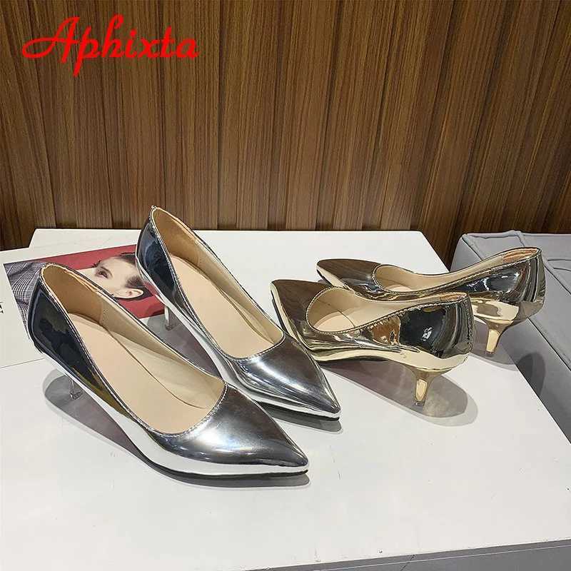 New Arrival Aphixta 5.5cm High Heels Womens Pump Shoes Fashion Pointed Toe Bling Golden Leather Sexy Party Official Shoes Womens Large Size 49 50 T250
