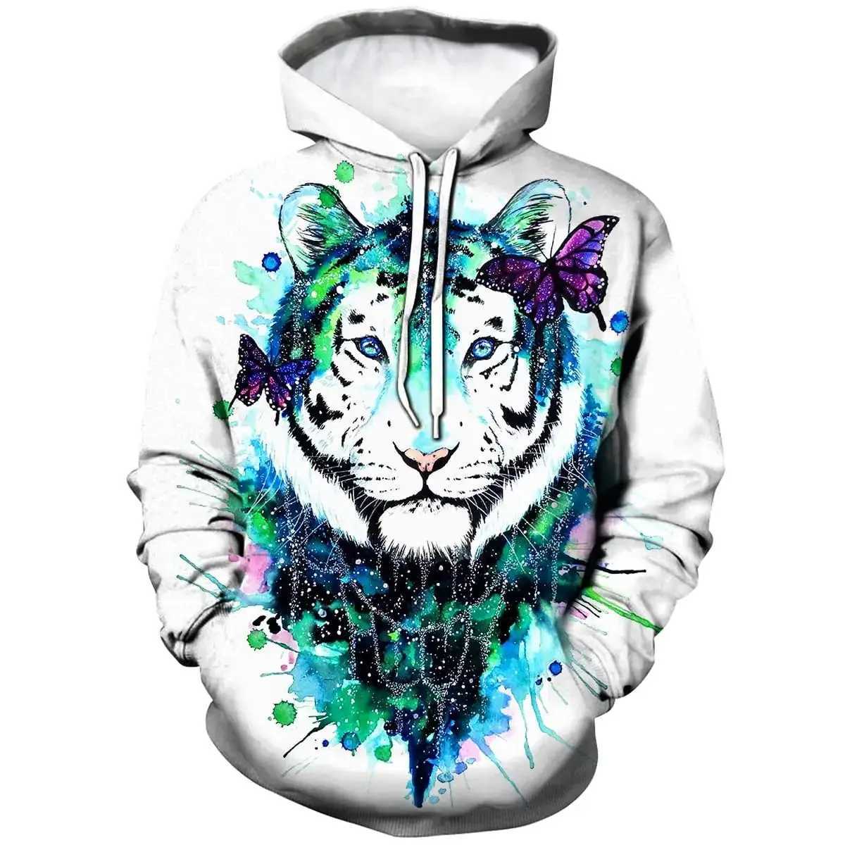 Mens White Tiger Novel Hoodie 3D Realistic Printed Pattern Fashion Sportswear Autumn Womens Fashion Casual Over Pulling W250110