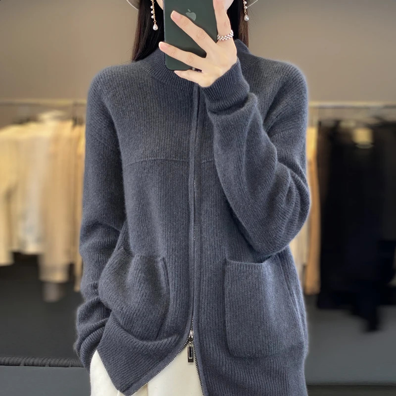 100% Merino wool autumn/winter womens sweater half turtleneck zip-up cardigan fashion pocket warm bottom knit coat top 250106