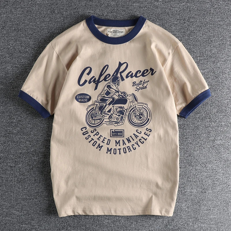 200gsm 100% Cotton Motorcycle Letter Printed t shirts for men Summer Loose Tees Tops 24SS Y2k Youth Male Vintage High Quality 250108