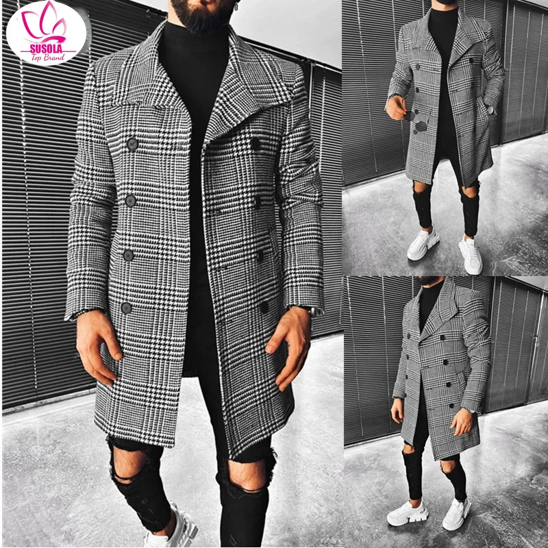 Trend Men Coat Autumn Winter Plaid Double Breasted Lapel Midlong Chic Wool Blends 250106